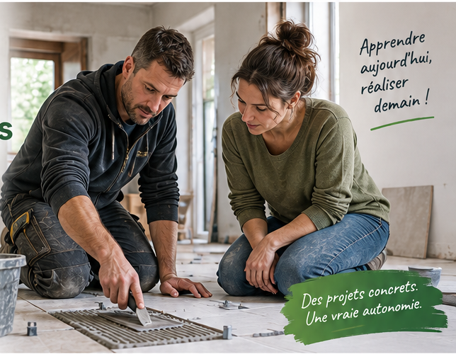 Un professionnel montre un geste technique à un client sur un chantier